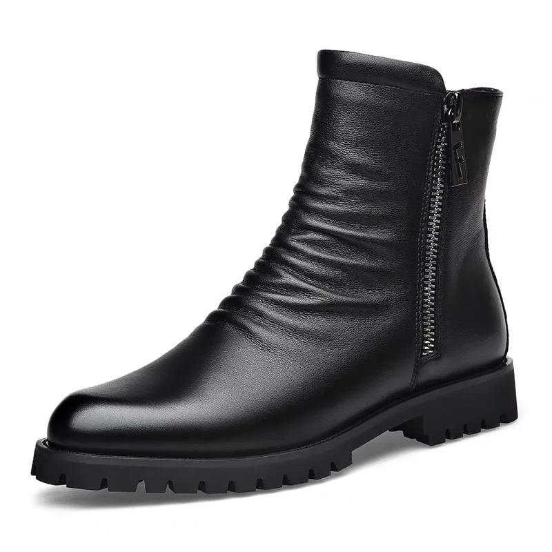 Autumn Winter Cowhide Men'S Riding Boots British Style Men'S Leather Boots High Top Zippered Men Boots Chelsea Boots