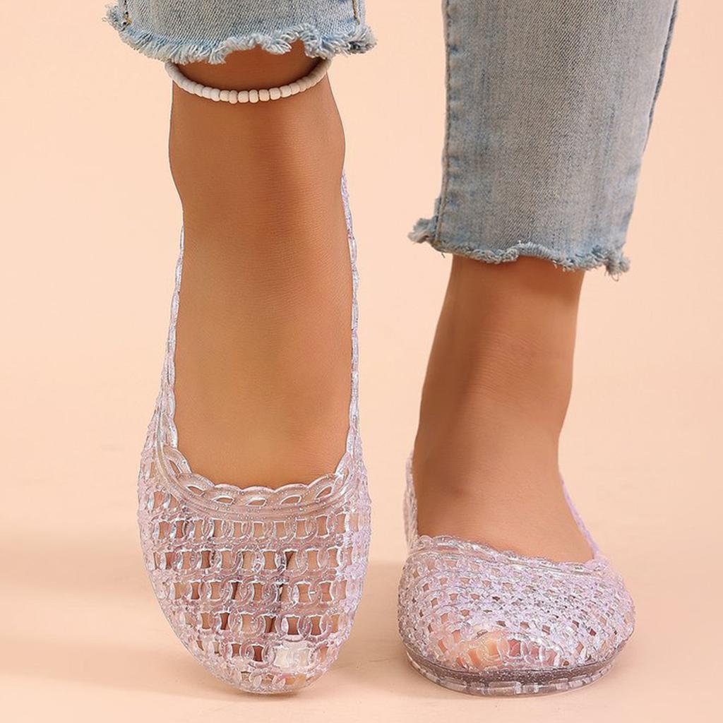 Women's Transparent Jelly Flat Shoes Slip On Lightweight Comfortable Casual Summer Footwear with Textured Pattern and Low Heel