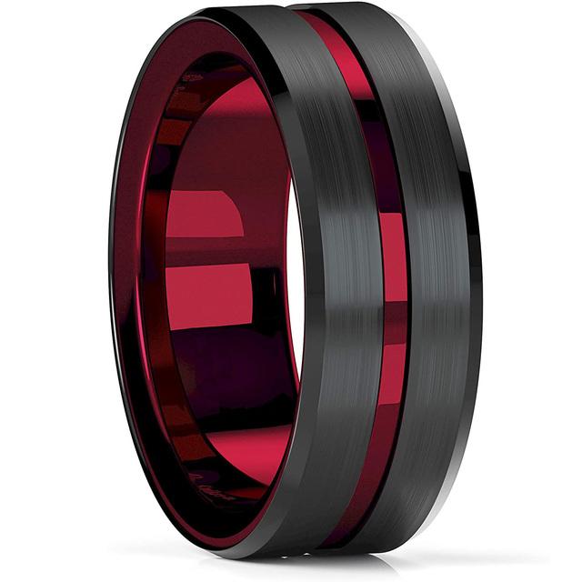 Moda 8mm masculino vermelho sulco borda chanfrada aço inoxidável celta dragão anel zircon inlay vermelho anel de fibra carbono masculino casamento banda
