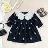 Girls Long Sleeve Dress Cotton Embroidered Turn-down Collar A-line Skirt Toddler 3-8 Years