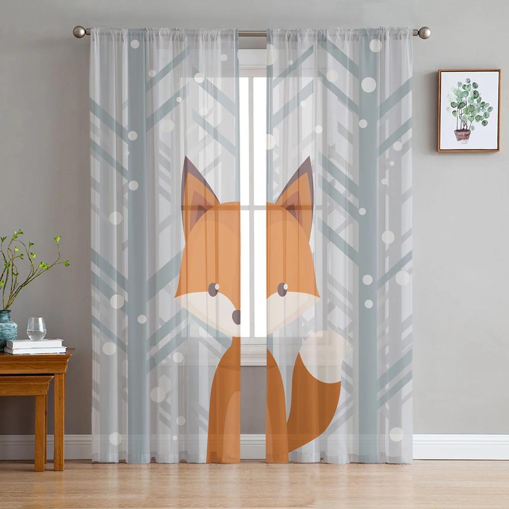 Animal Bird Fox Forest Winter Birch Tree Tulle Sheer Curtains for Living Room Bedroom Decor Window Curtain Voile Organza Drapes