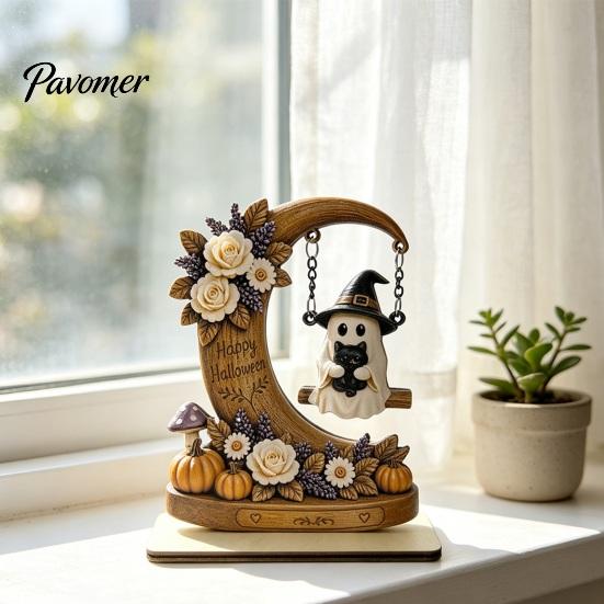 Natural Wood Spooky Decor Halloween Moon Swing Ghost Figurine, Reading On with Floral Tiered Tray Pumpkin Accents, Wooden Bookshelf for Desk