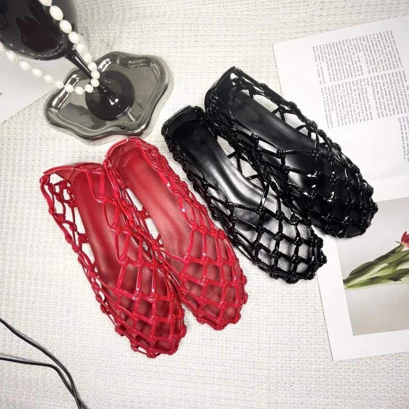 Fashion Weave Mesh Ballet Flat Women Breathable Comfy Hollow Beach Shoes Women Non-slip Casual Summer 2025 Brand Designer Sandals Ladies