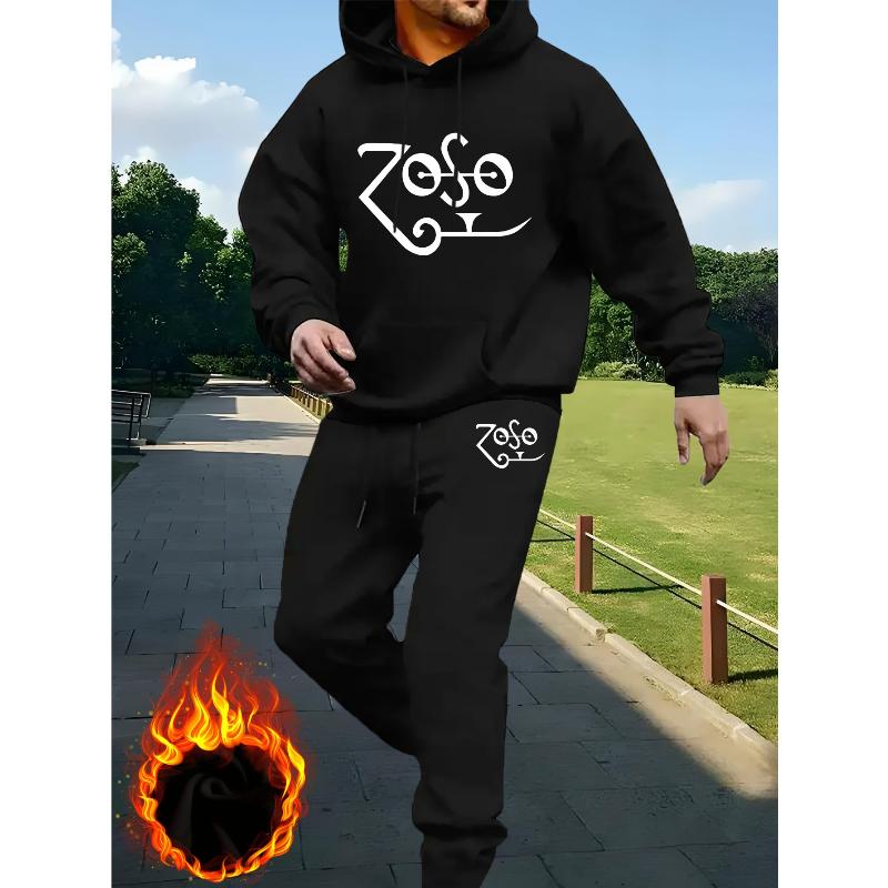 Polyester Hoodie and Pants Set Soft Fleece Lined Warm Elastic Waist Fall Winter Casual L чёрный
