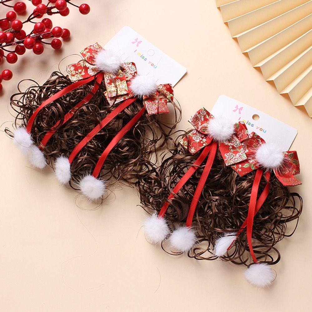 2pcs Chinese Style Baby Wig Hairpin Curly Red Bowknot Hairclip Children's Bow Wig  New Year Festive