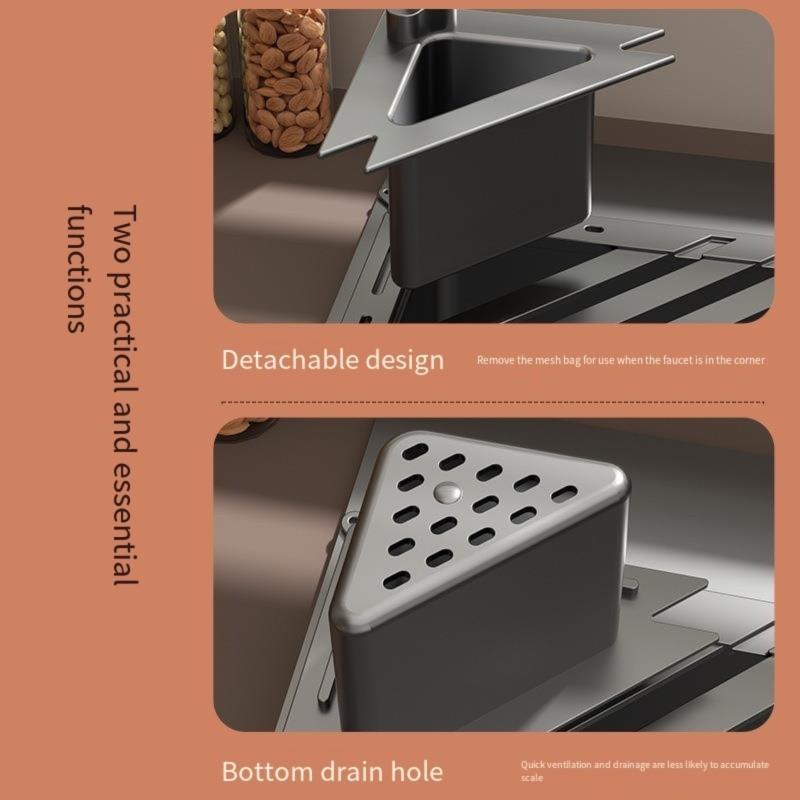 A03F-Aluminum Alloy Kitchen Sink Drainer Drain Basket Foldable Dish Rack Multi-Function Triangle Design