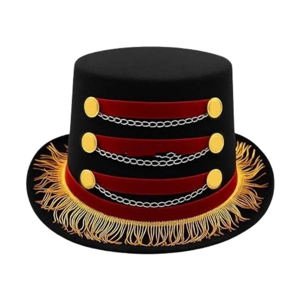 Gold Fringe Vintage Fascinator Hats Gold Chains Ringmaster Top Hat Black Circus Hat  Carnival Party Buttons Style