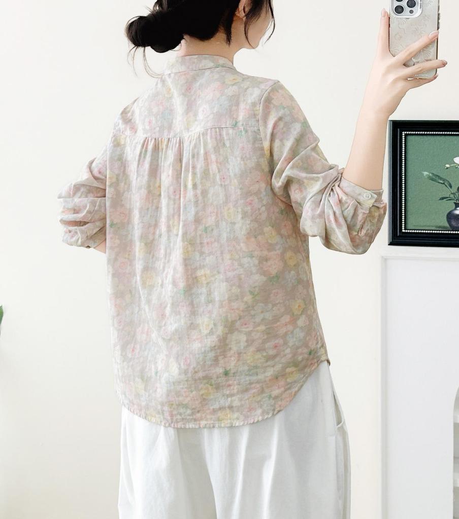 Spring 2026 Women's Printed Cotton Gauze Long Sleeve Stand Collar Cardigan Shirt