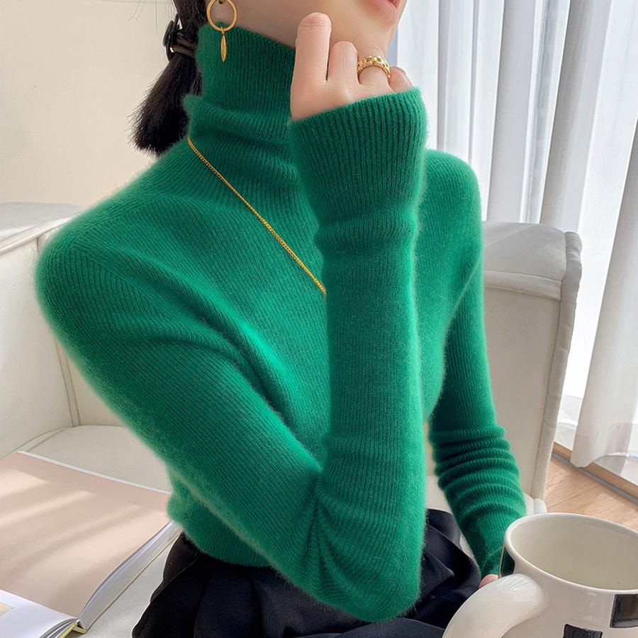 High Neck Cashmere Wool Sweater Women's Solid Color Drawstring Base Layer Slim Fit Thin Knit Pullover Autumn Winter Inner Wear