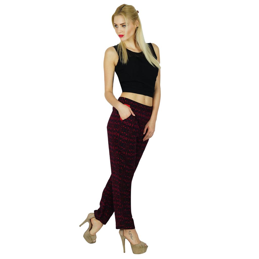 Bimba Women Red Printed Trouser Casual Pants With Pocket Boho Clothing