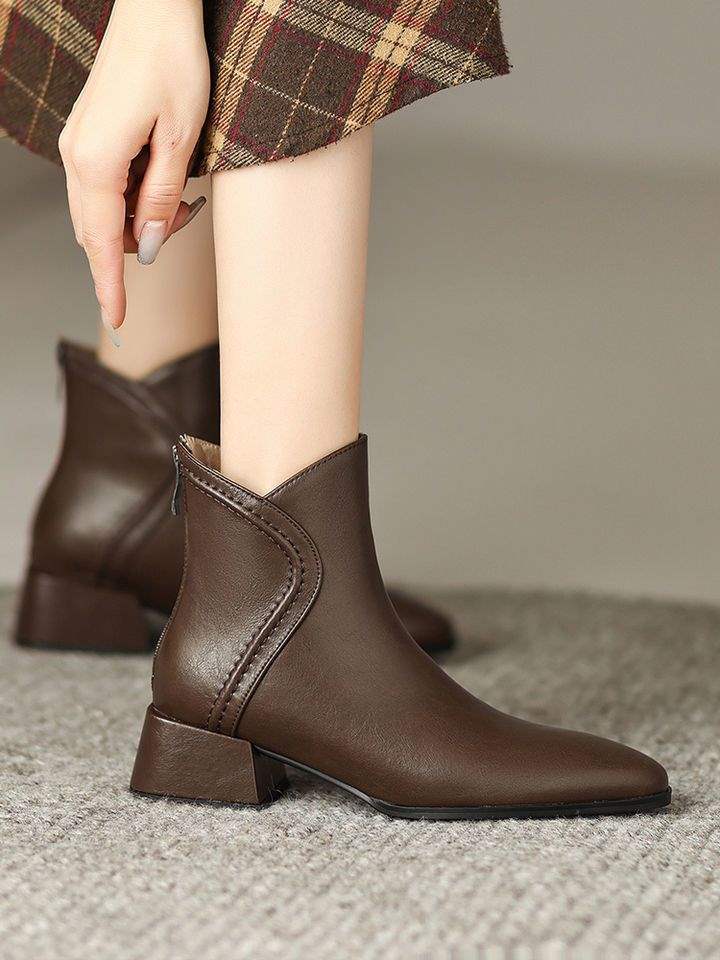 Retro Brown Chelsea Boots Pointed Short Boots Women's Spring and Autumn Single Boots Thick Heel Skinny Boots Middle Heel Martin Boots and Ankle Boots