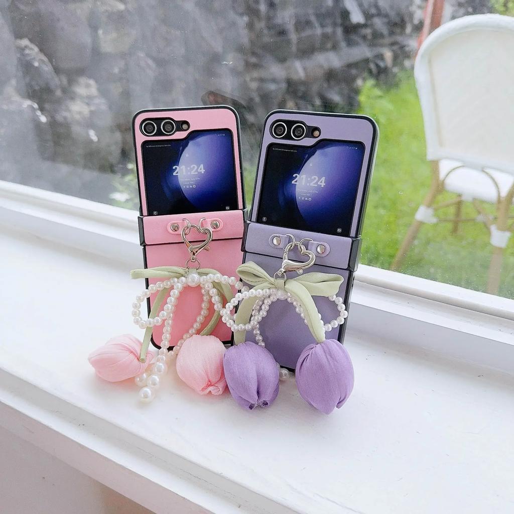 Perlen Schleife PU Leder Blume Handgelenkschlaufe Handyhülle für Samsung Galaxy Z Flip 6 5 4 3 5G Scharnierschutz Stoßfeste Hülle