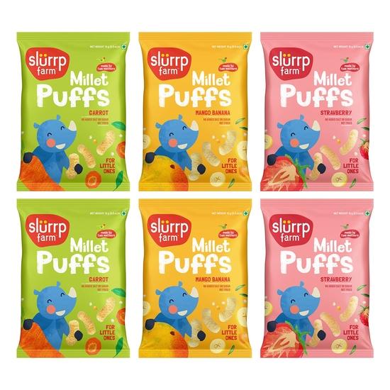 

Slurrp Farm Teething Fruit and Vegetable Puffs | Baked Puff in Yummy Flavours- Carrot, Strawberry & Banana, Mango | Pack of 6 100GM