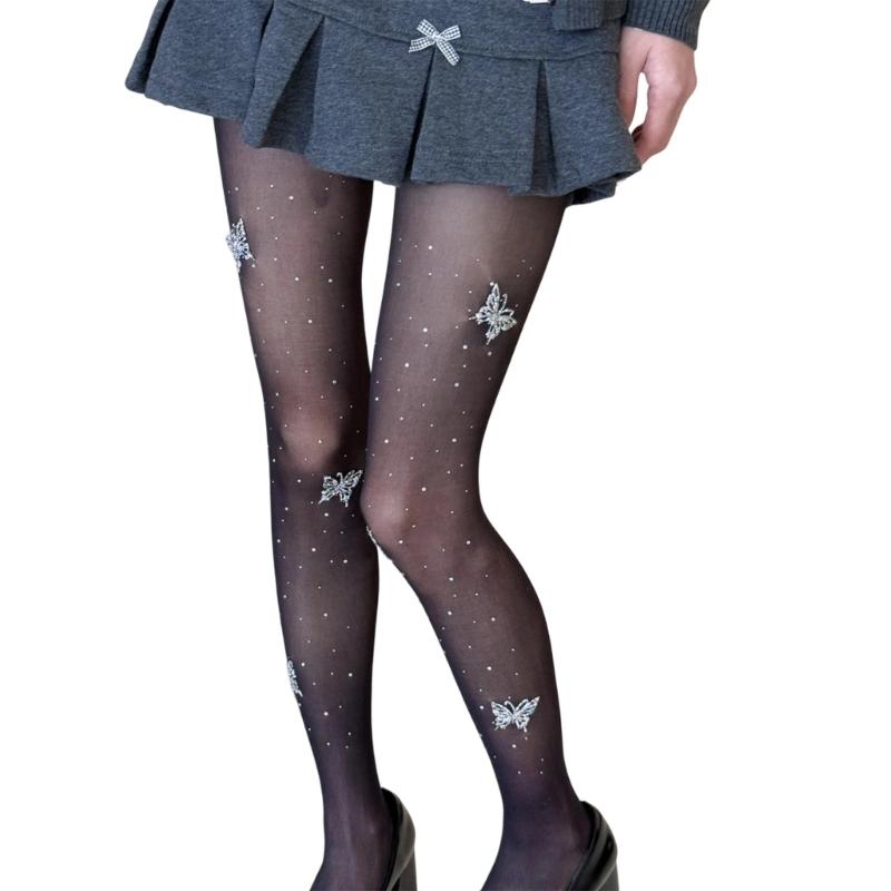 Elegant Butterfly Rhinestones Pantyhose with Breathable Nylon Fabric Offering Wear Comfort In Social Event and Work