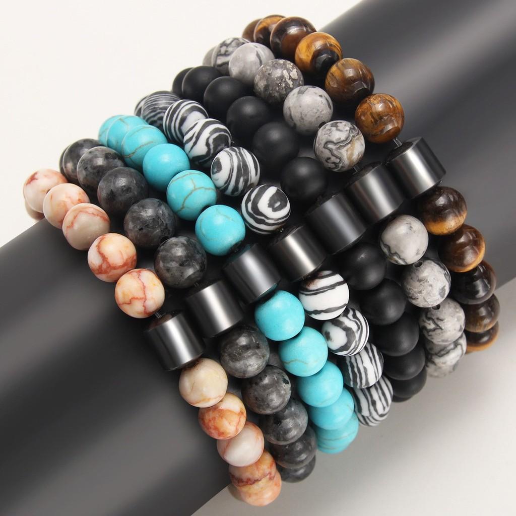 Geometric Black Dandan Stone Lava Rock Tiger Eye Beaded Bracelet With Elastic Cord For Men And Women