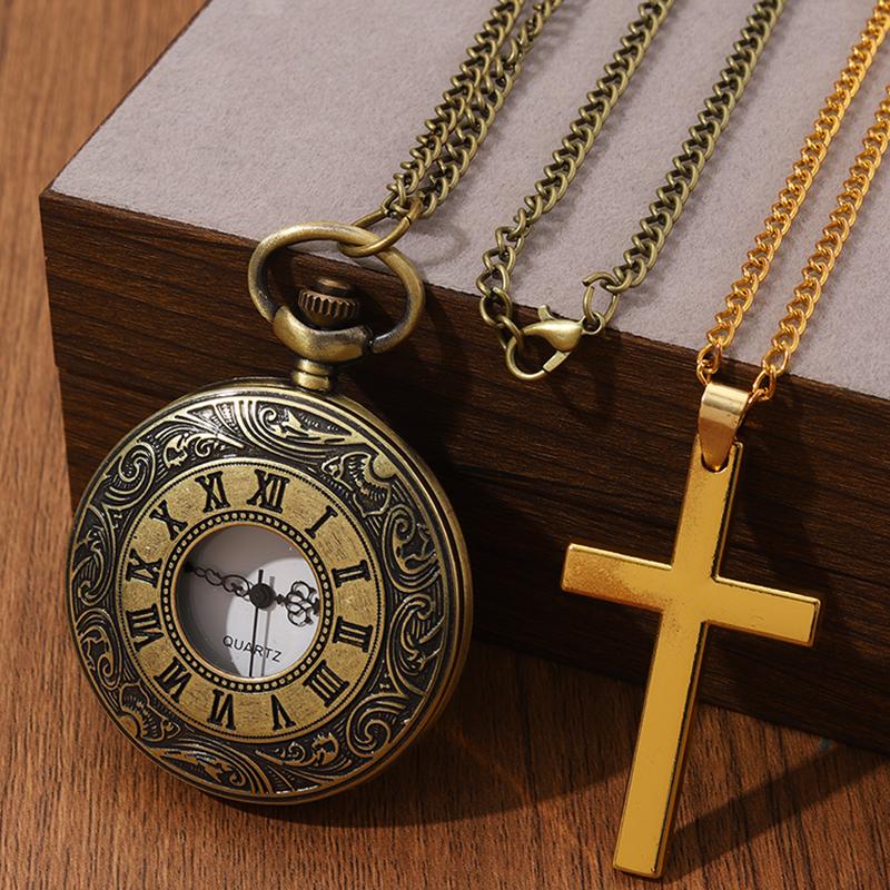 

2 шт./компл., модные мужские медные карманные часы в стиле ретро с ожерельем и 1 шт., мужские винтажные классические золотые крестики с подвеской в ​​виде ожерелья, идеальный выбор для подарков
