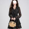 Chic Retro Floral Chiffon Dress: Petite Waist-Cinched Slim Black Style for Autumn & Winter