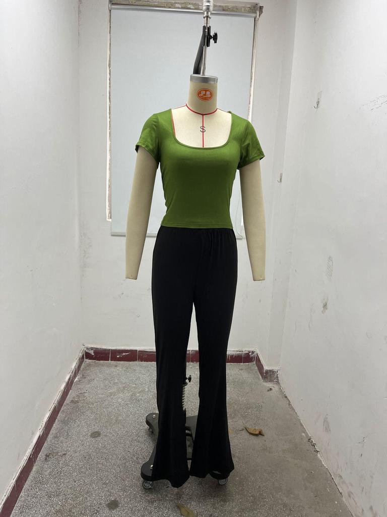 Women's 2024 European & American Slim Fit Solid Color Short Sleeve Square Neck Summer Casual T-shirt