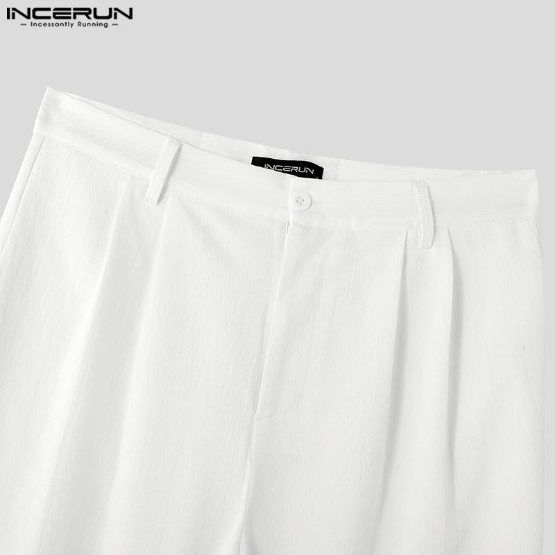INCERUN Men Spring Zipper Up High Waist Texture Trousers Casual Button Straight Pants