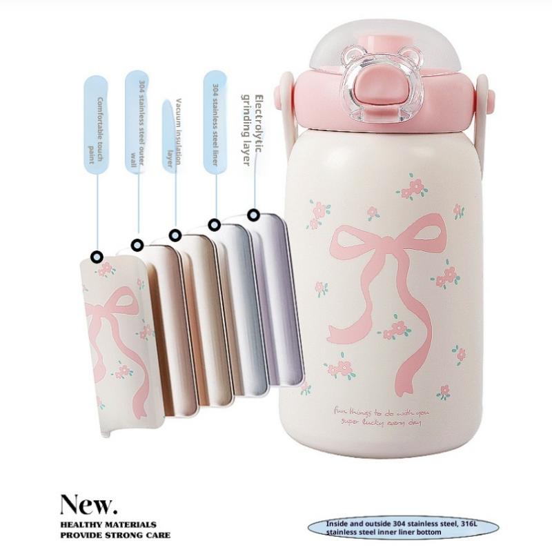 Children'S Stainless Steel Thermos Cup Cute Straw Portable Kettle Simple Design 304 Steel Water Bottle For Kids