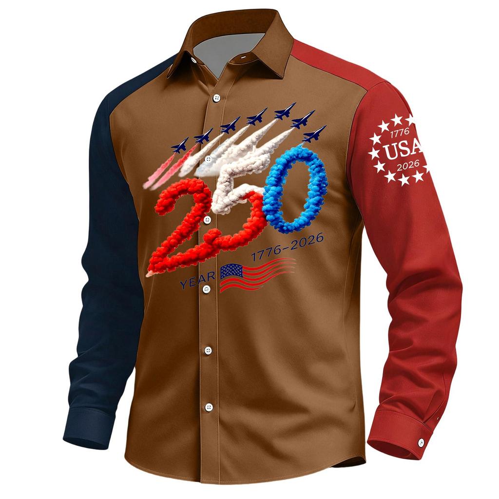 Men's Casual Independence Day Printed Lasel Button Long Sleeve Shirt
