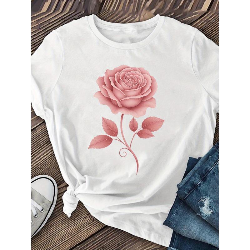 Europäische Größen Rosa Blume Aufdruck T-Shirt, Rundhals Kurzarm T-Shirt, Lässiges Lockeres Kurzarm Oberteil, DamenS tragen