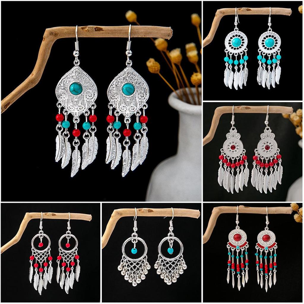 Bohemian Ethnic Tassel Earrings In Miao Silver with Turquoise