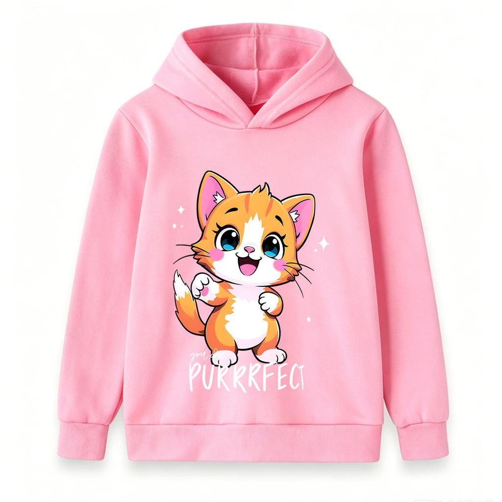 Kids Boys Girls Cute Cartoon Orange Cat Print Pullover Hoodie, Adorable Sparkly Kitten Purrfect Graphic Casual Long Sleeve Sweatshirt for Children Dai