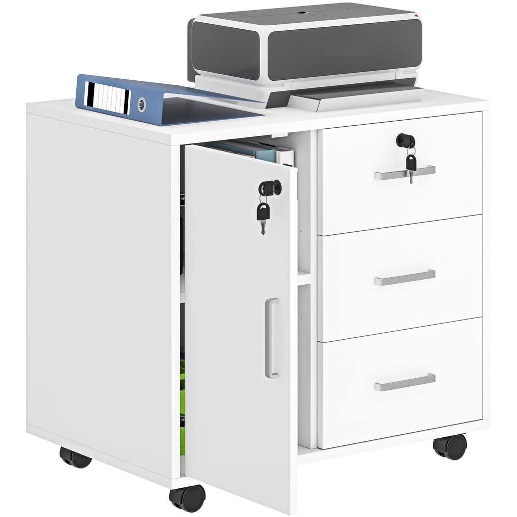 Office Pedestal Lockable Storage Unit with 3 Drawers and Adjustable Shelf, Wheels, 40 X 60 X 56 Cm, White