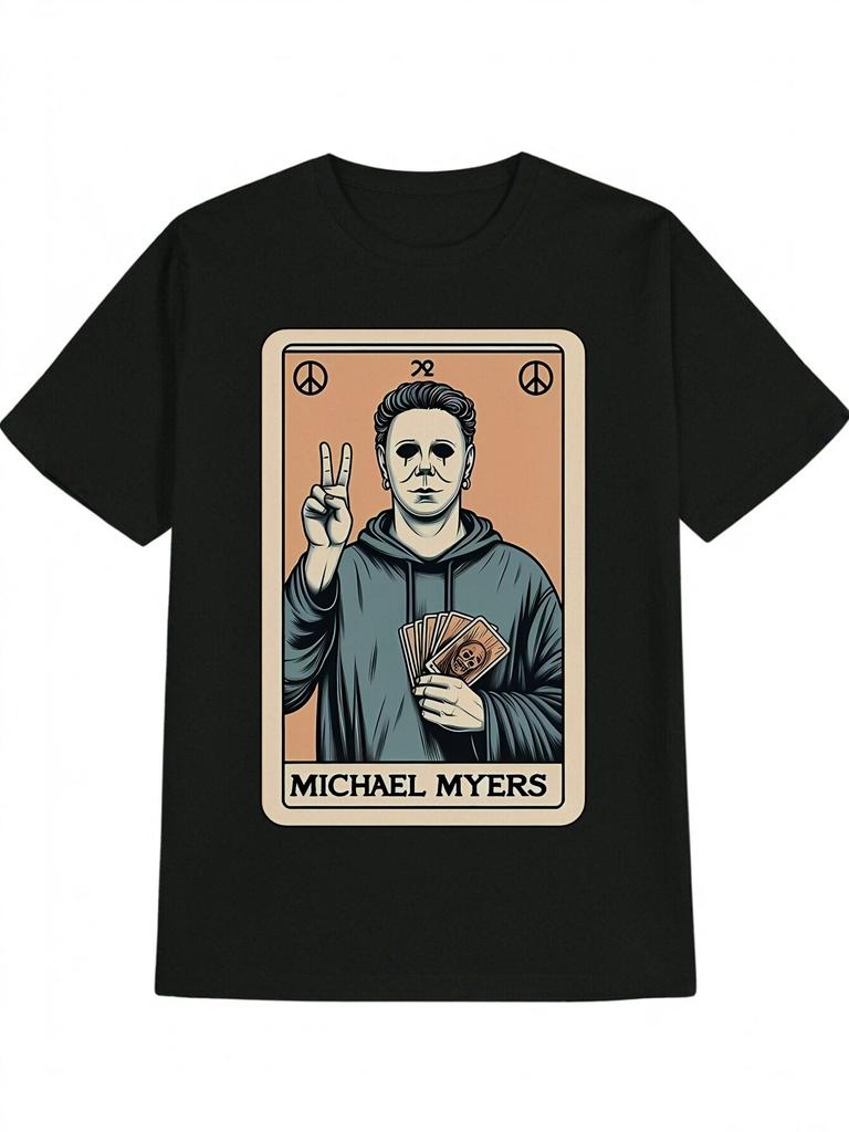 Casual Graphic T-shirt - Michael Myers Halloween Peace Sign Design