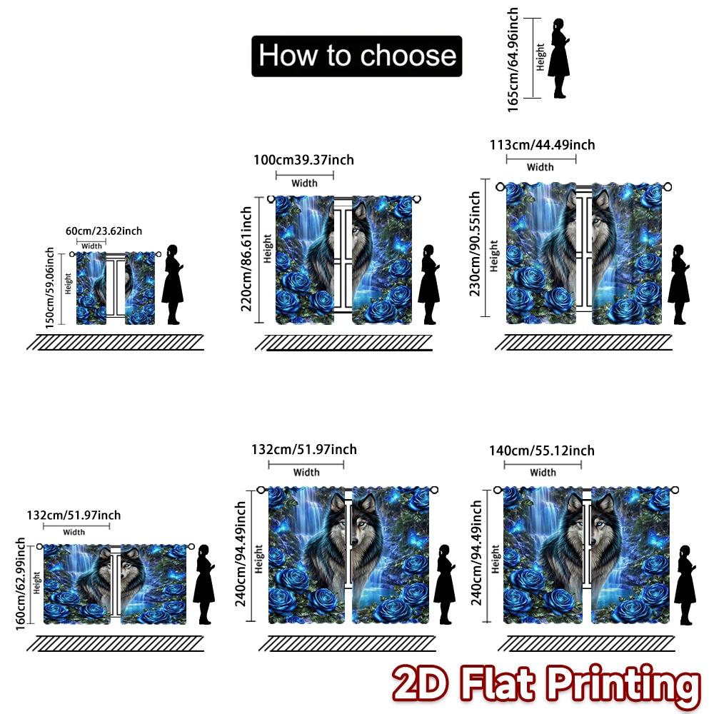2D FLAT PRINTING 2pcs Curtains (Without Rod) Mystical Wolf and Blue Roses Modern Contemporary Curtains Prints Light Filtering