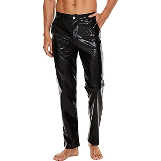 Men Pants Mid-rise Button Zipper Fly Shiny Casual Trousers