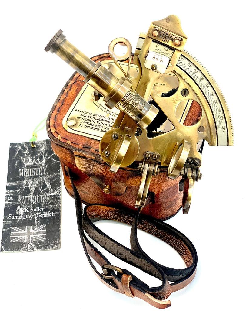 Starožitný námořní Nautical Sextant Telescope Vintage Marine Astroláb Lodní nástroje s koženou krabičkou Kelvin Hughes London 1917 vyryto