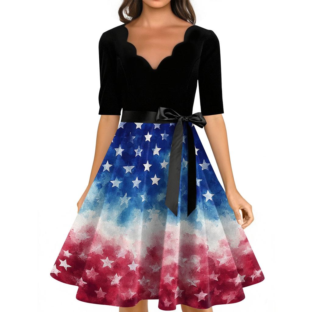 Women’s Vintage A Line Dress with Scalloped Neckline Half Sleeve and Star Print Flared Skirt Retro Style Belted Waist