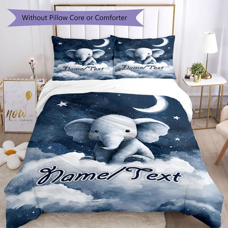 3PC Custom Name Nightly Elephant Dreams Bedding Set Printed  Bedding Set Duvet Cover Closure Includes 1 Duvet Cover & 16 Pillowcases for Bedroom