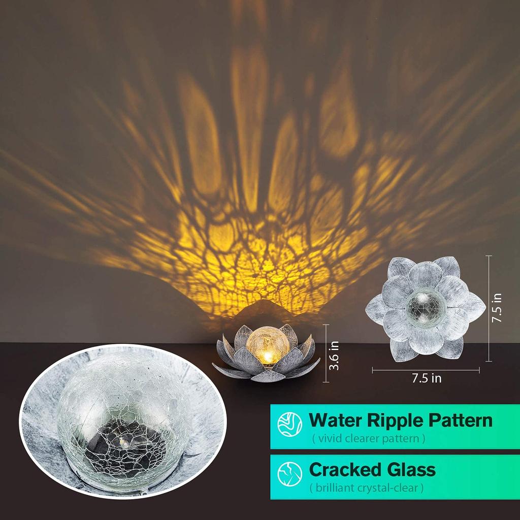 Solarleuchten im Freien für den Garten, Crackle-Globus-Glas-Lotus-Dekoration, wasserdichte LED-Blumenlichter aus Metall