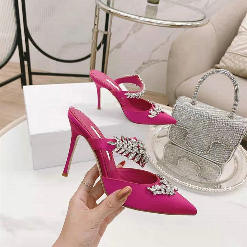 Luxury Crystal Slipper Wheat-Ear Rhinestone Pointed Sandals Silk Satin Covered Head High Heels Slippers Woman