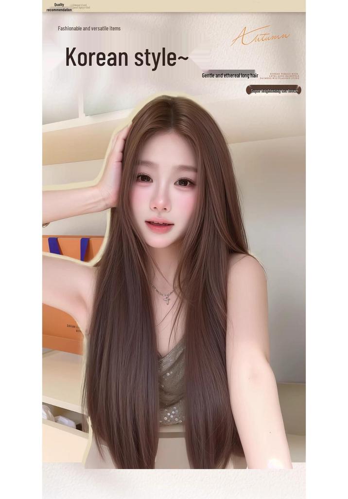 Korean Style Long Black Straight Wig for Women with Natural, Realistic Hair, Traceless Middle Part and Bangs.