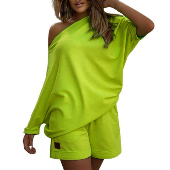 2 Pcs/Set Women Tracksuit Solid Color One-shoulder Short Pants Leisure Summer Top Set for Daily Wear