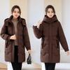 Middle-aged and elderly medium and long hooded cotton-padded clothes women's drawstring waist cotton clothes thickened warm jacket entity