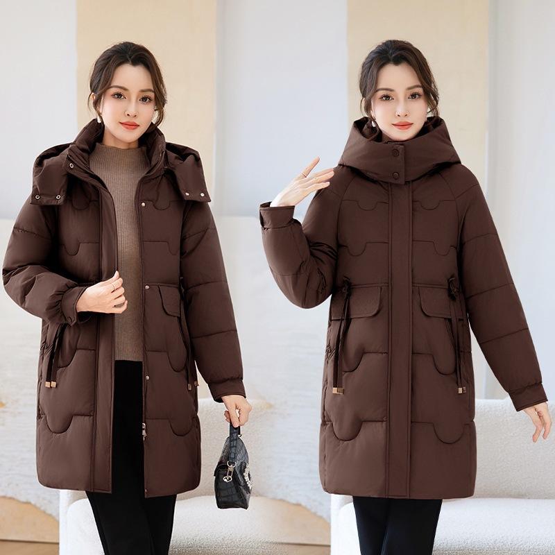 Middle-aged and elderly medium and long hooded cotton-padded clothes women's drawstring waist cotton clothes thickened warm jacket entity