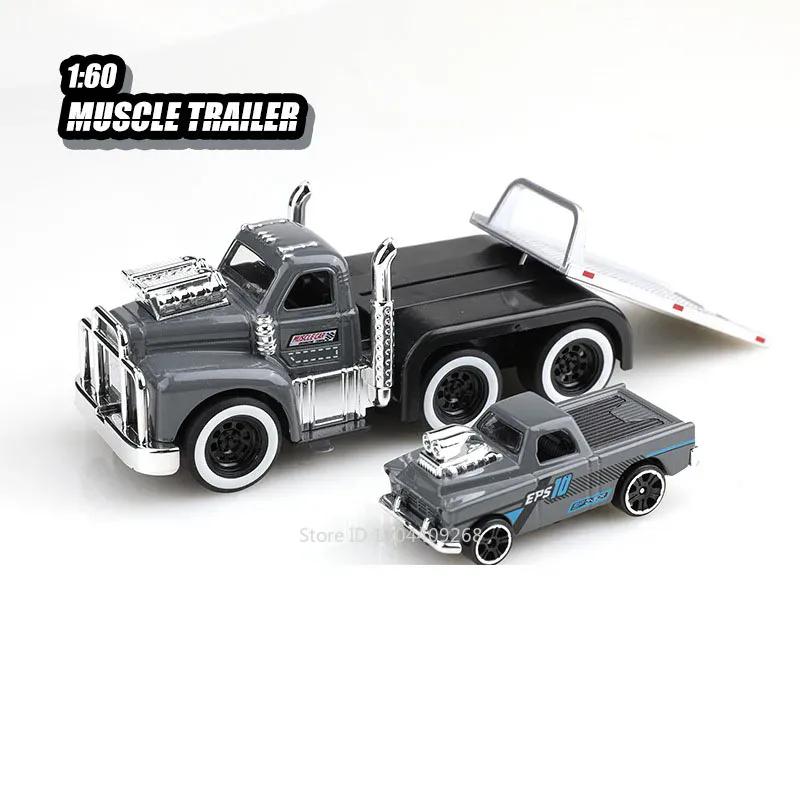 Scale 1:60 American Muscle Trailer Model Toy Car Sound Light Alloy Diecast Pull Back Flatcar Models Birthday Gifts for Kids