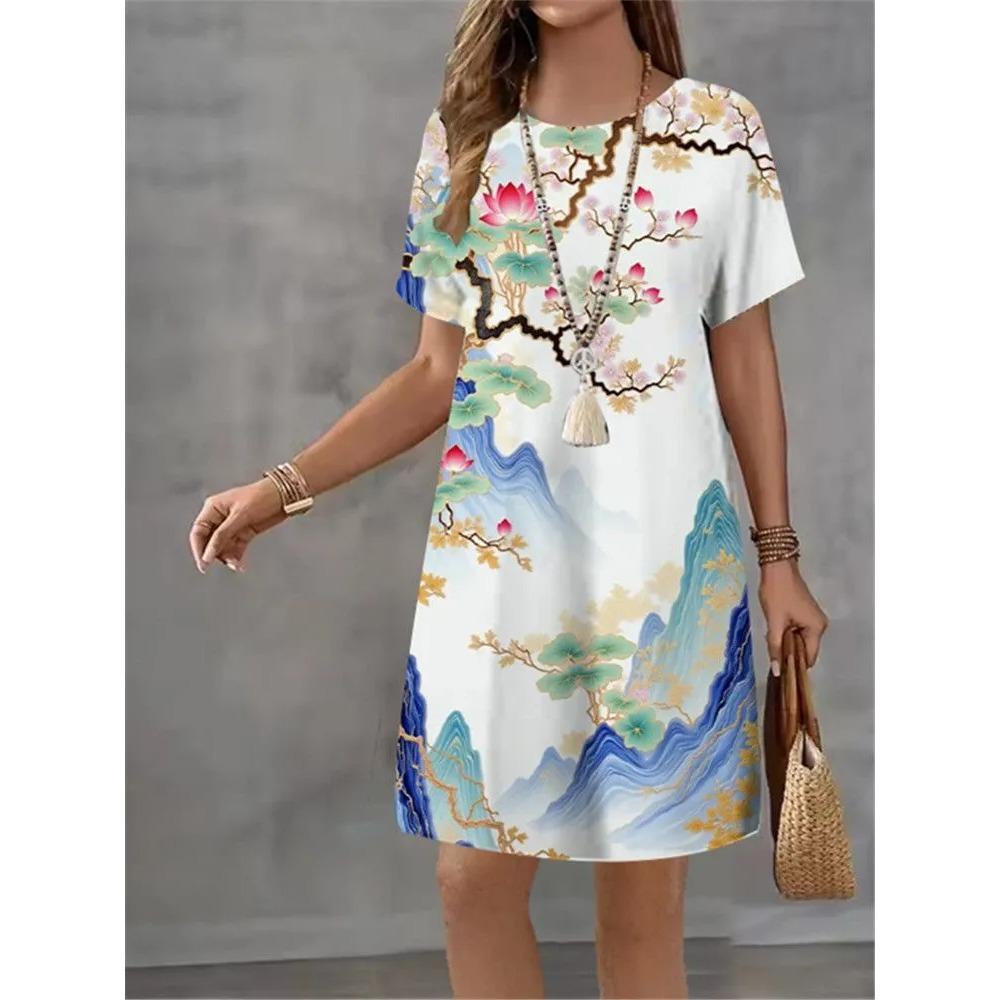 Fashion Elegant T-shirt Dress Summer Women's Casual Comfortable Soft Breathable Dress Colorful Creative Pattern Round Neck Plus Size Loose Dress