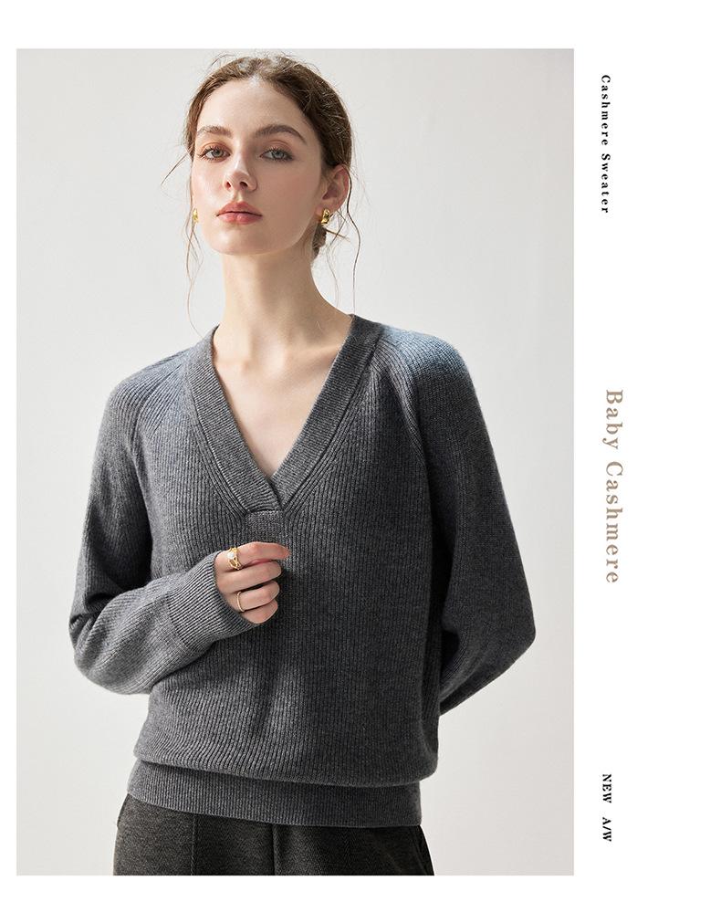 Women's Elegant V-Neck Cashmere Sweater - Autumn/Winter 2026 Chic Raglan Sleeve Base Layer Warm Knitwear