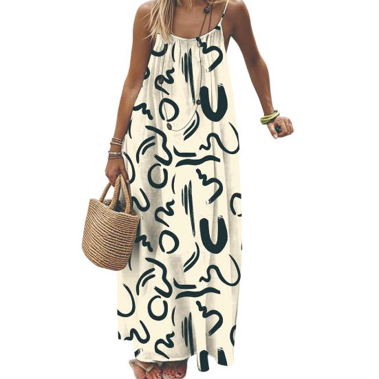 Women Long Slip Dress Breathable Summer Floral Print Casual Sleeveless Dress Spaghetti Strap Loose Swing Hem Ankle Length Beach Dress