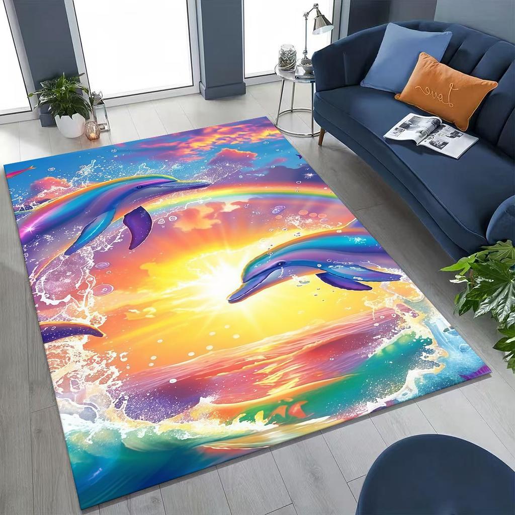 Dream Underwater World Sea Dolphin Turtle Coral Art Rug for Bedroom Living Room Sofa Home Doormat Decor,Kids Non-slip Floor Mat