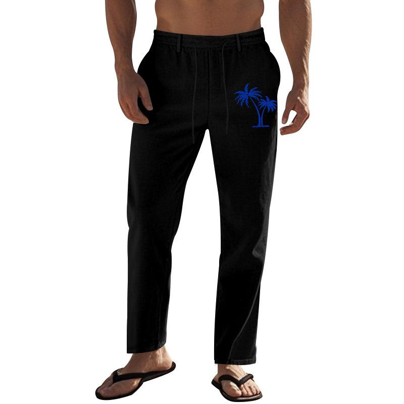 European, American Retro Men's Coconut Tree Printing Breathable Cotton and Linen Loose Casual Sports Trousers Men