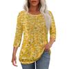 Women's Fashionable Casual Pleated Round Neck Casual Floral Print Seven Quarter Sleeved T-shirt Top