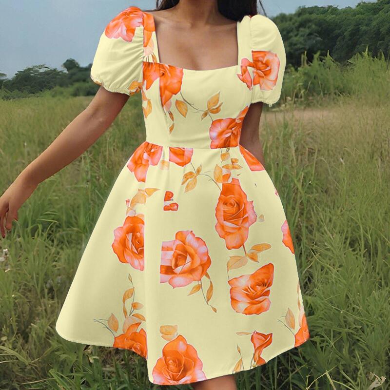 

ZANZEA Праздничный стиль Квадратный вырез Пышные рукава Приталенное Розовый цветочный А-силуэтное платье 5XL жёлтый