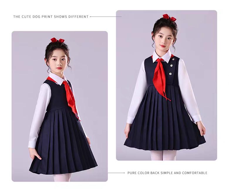 Children's Patriotic Choir Costumes - Boys & Girls Blue Outfits with Red Scarf for Recitation Competitions